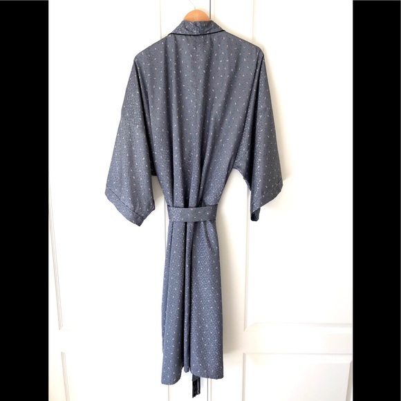 Kimono style silky mini print robe. slate gray Black piping trim OS - Picture 7 of 15